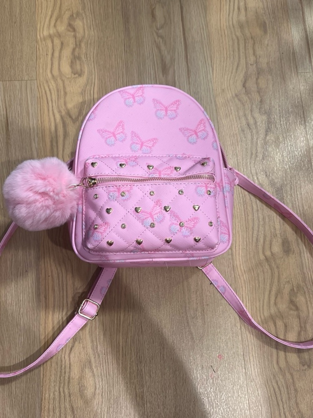 GUESS Pink Butterfly Quilted Mini Backpack with Pom Pom